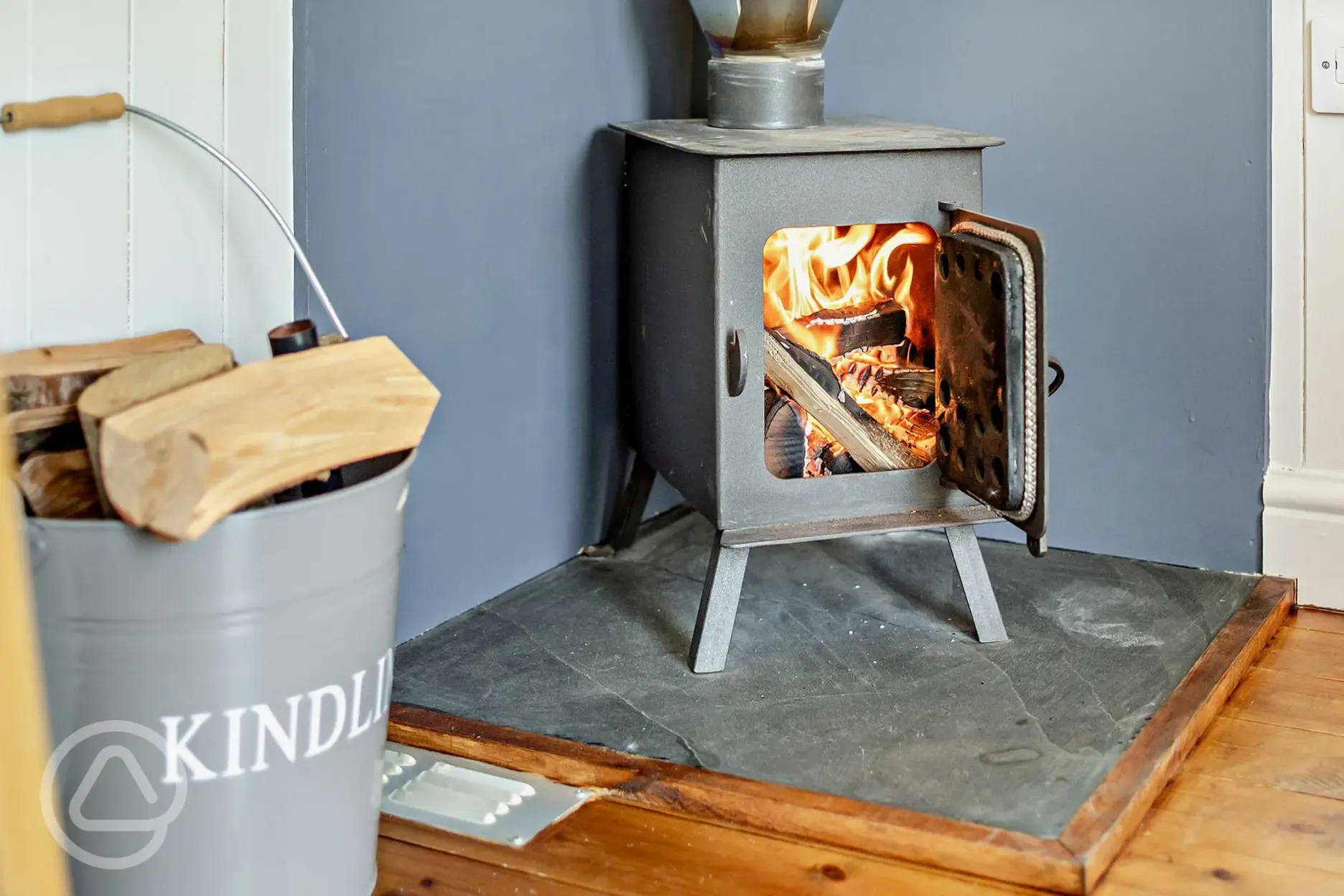 Oak shepherd's hut wood burner