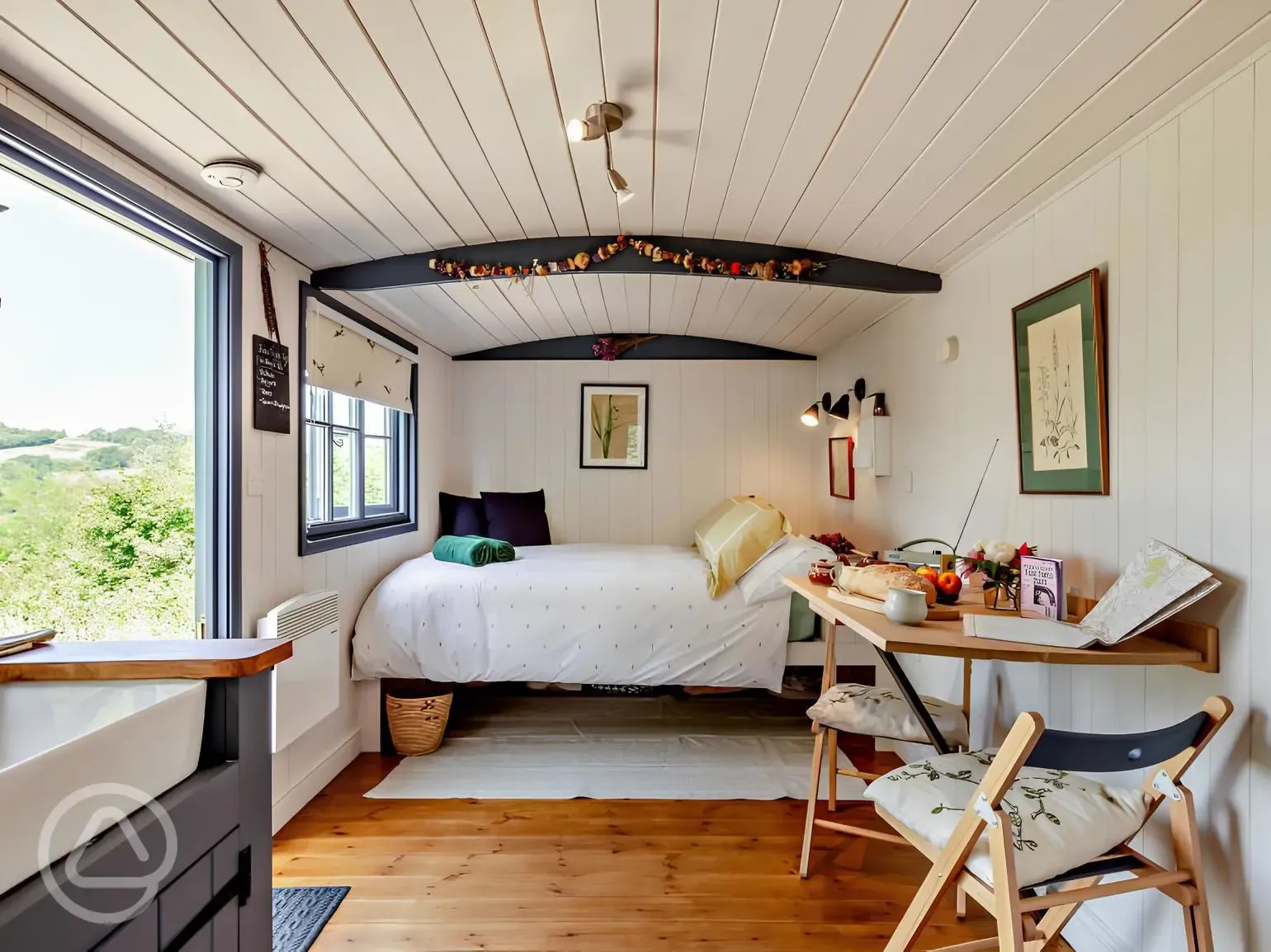 Oak shepherd's hut interior