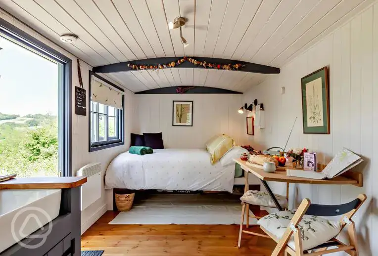 Oak shepherd's hut interior