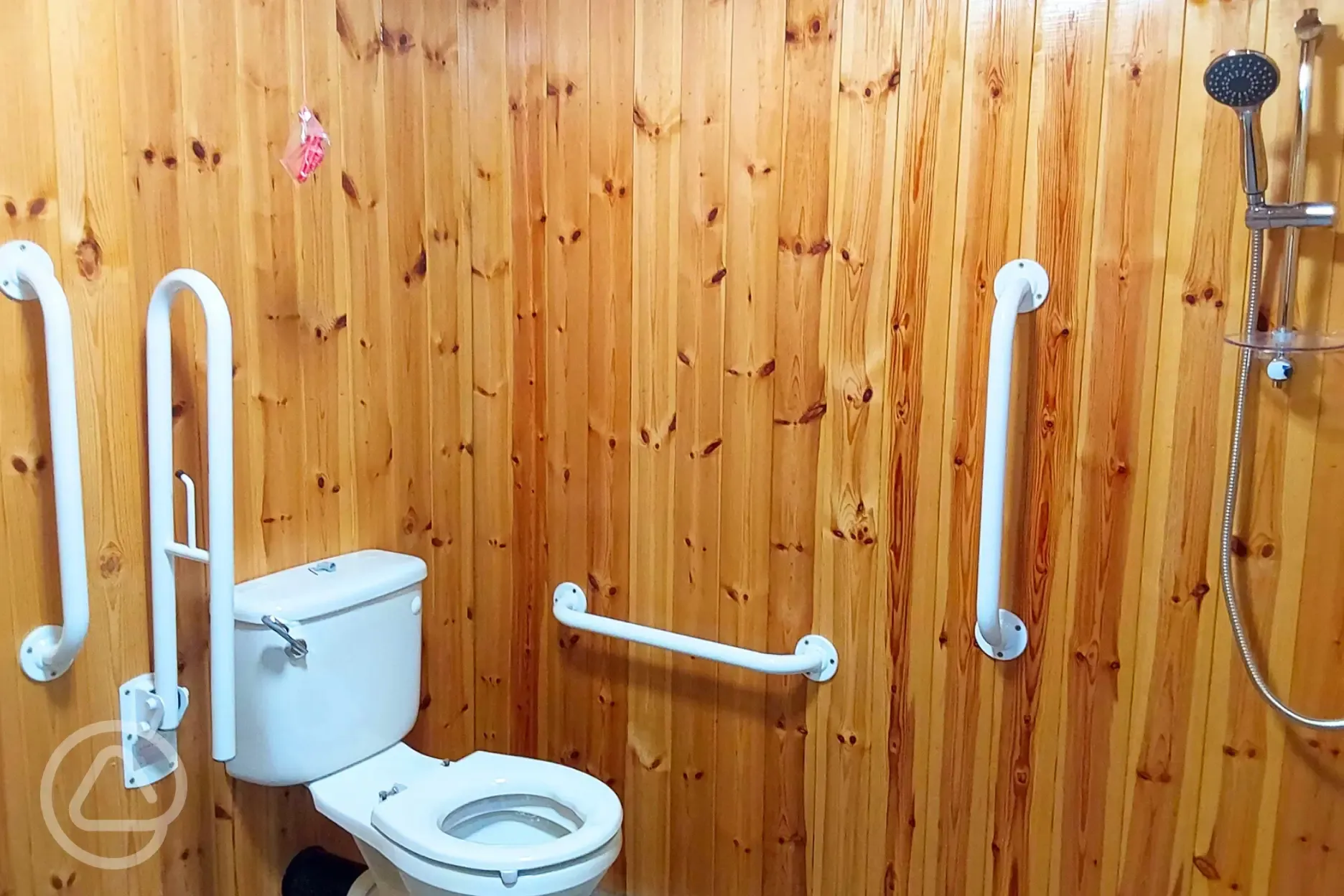 Accessible wet room with shower, toilet and hand basin