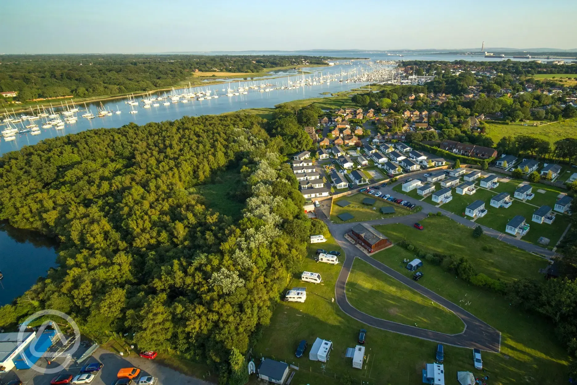 Aerial view of campsite and river