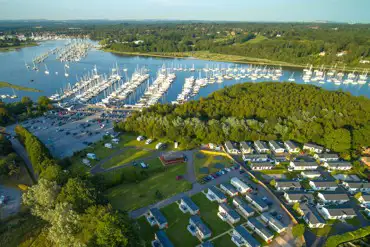 Aerial view of campsite and river