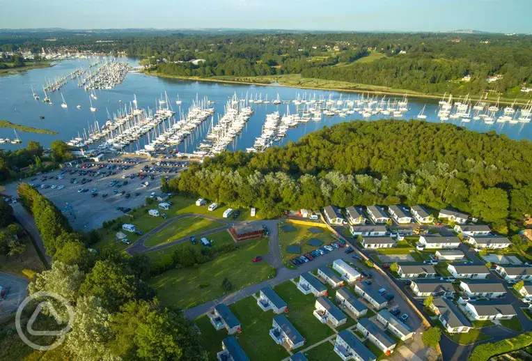 Aerial view of campsite and river