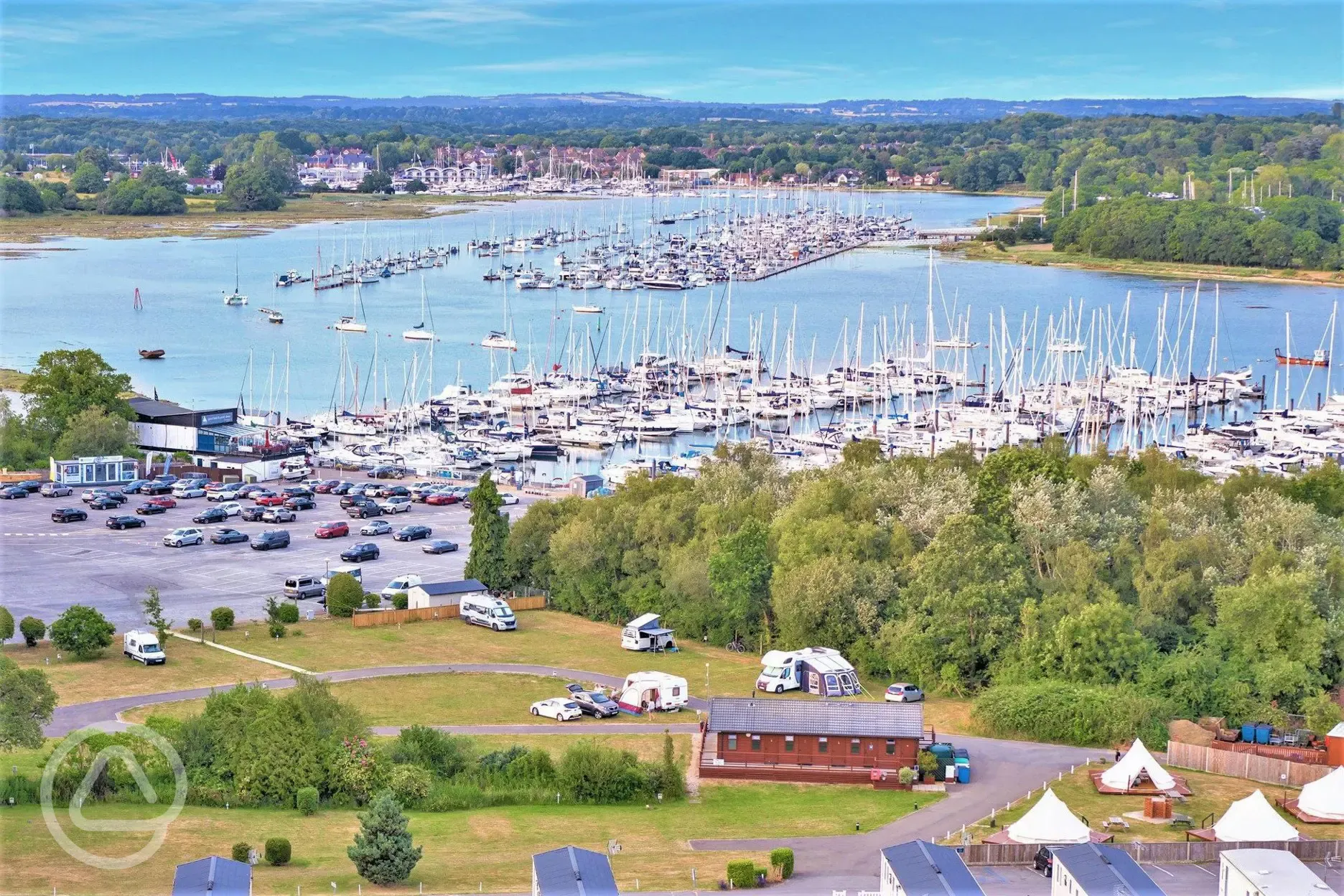 Aerial of campsite next to the marina