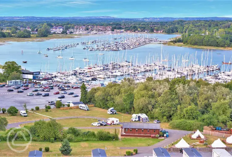 Aerial of campsite next to the marina