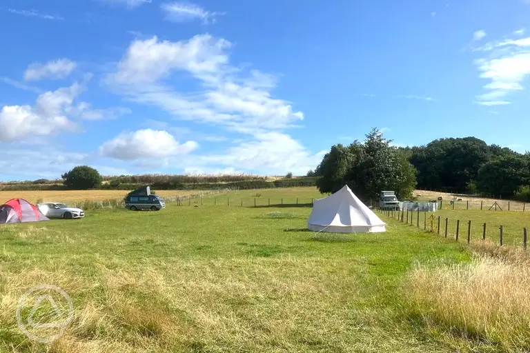Overview of Swift Farm Camping with grass pitches and a bell tent