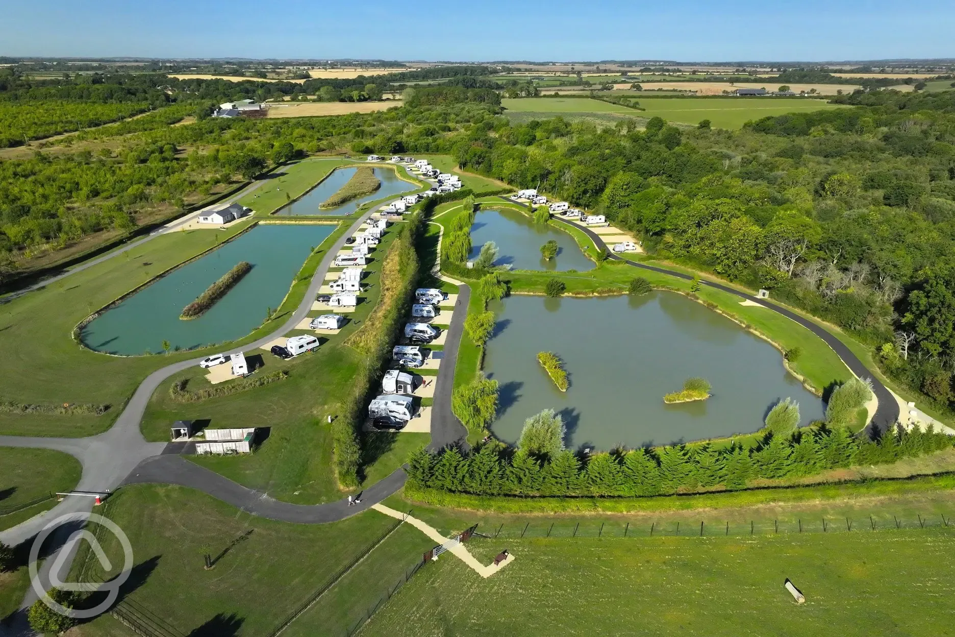 Aerial of Stretton Lakes Touring Park with fishing lakes Aerial of Stretton Lakes Touring Park with fishing lakes