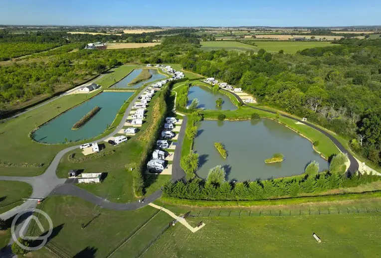 Aerial of Stretton Lakes Touring Park with fishing lakes