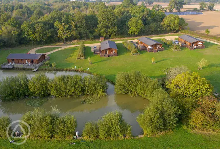 Aerial of the family friendly and adult only log cabins