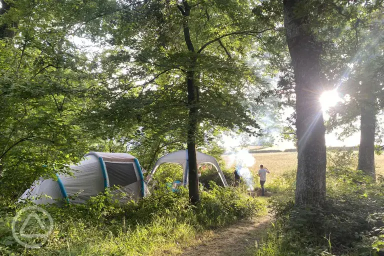 Non electric forest floor tent pitch at sunset