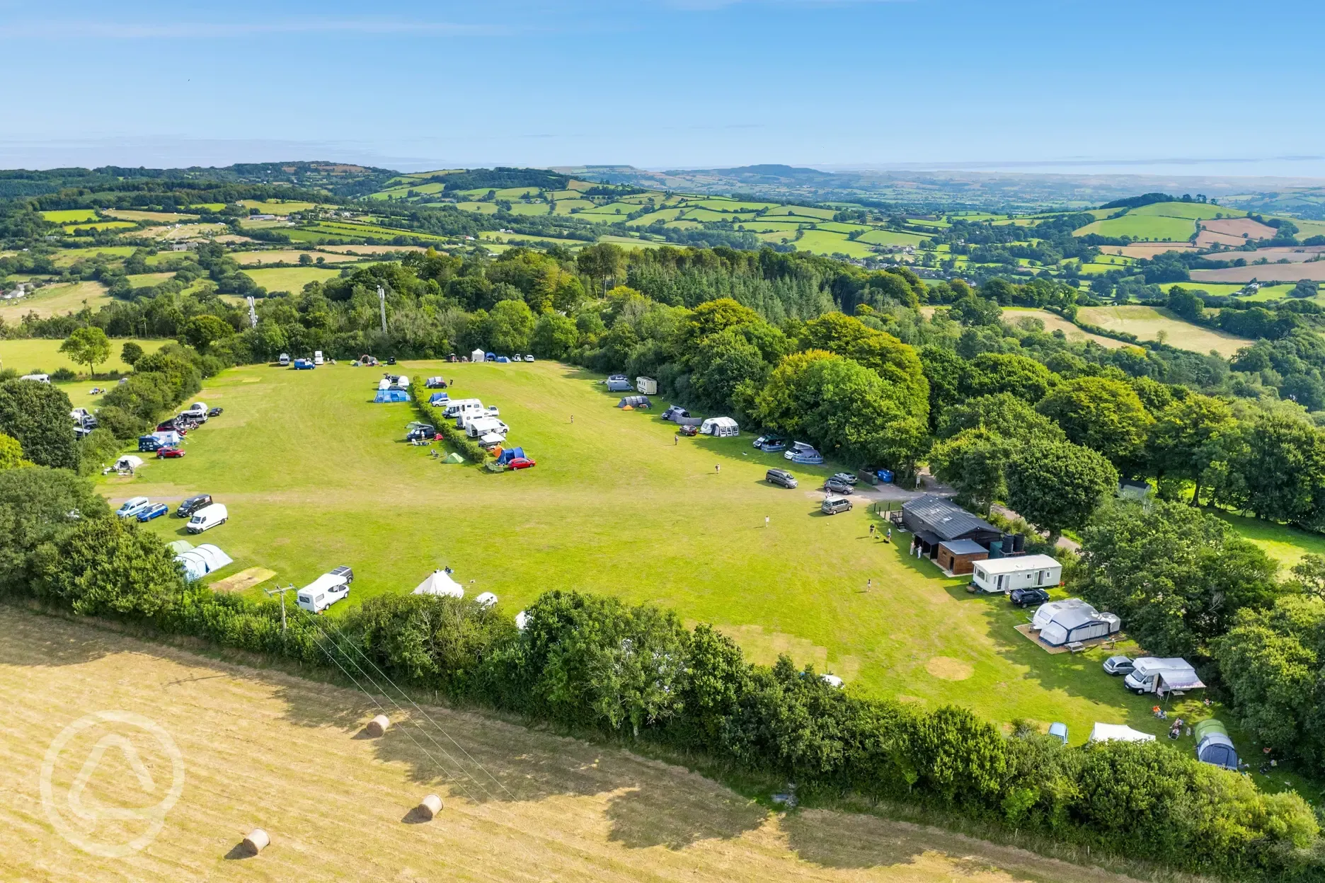 Aerial of the campsite with surrounding hedges and trees