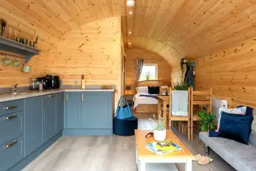Glamping pod with hot tub interior at Dwell On The Moor