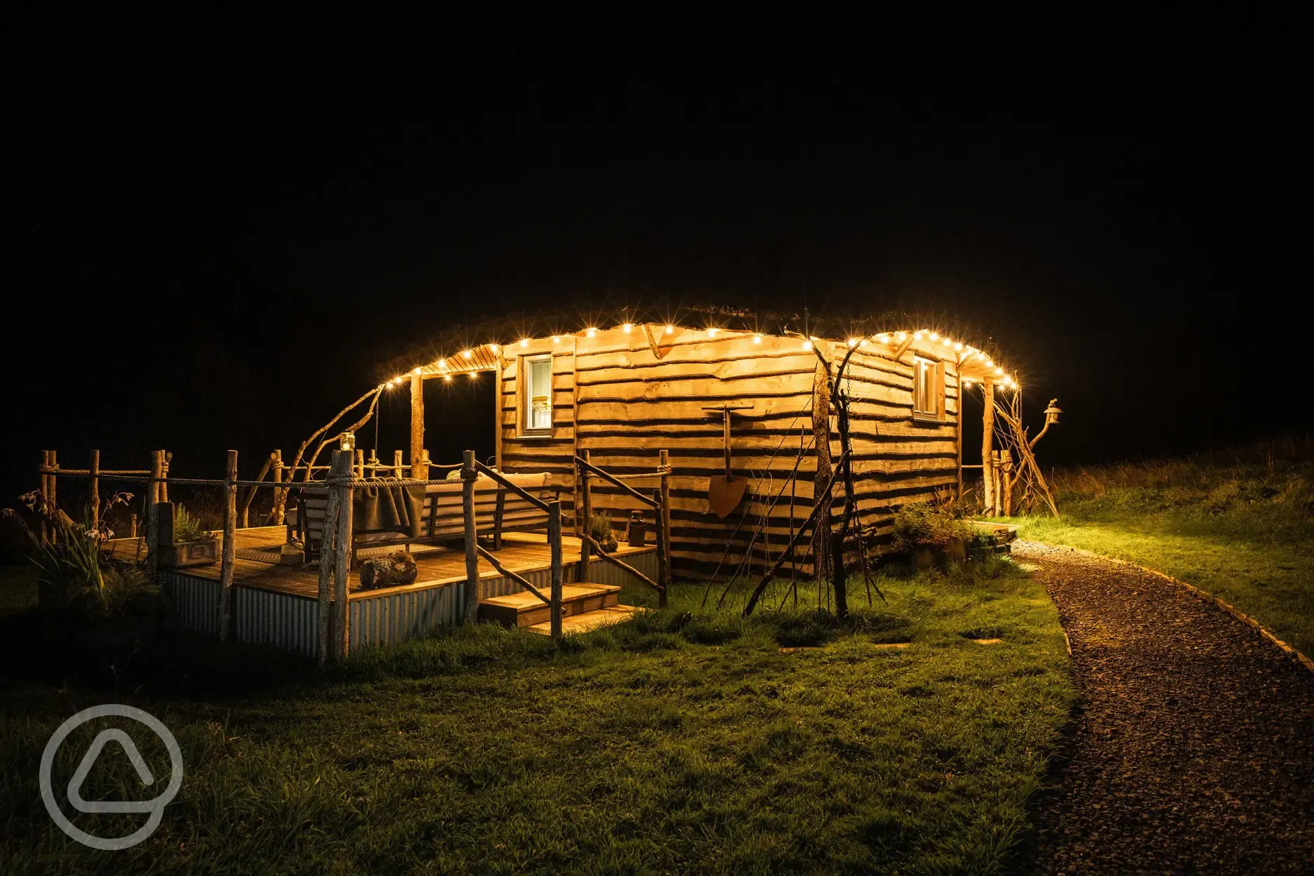 Glamping cabin at night