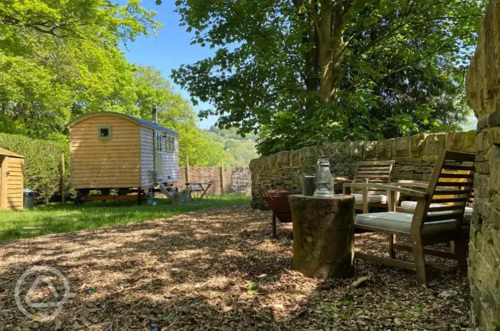 Shepherd's hut outdoor seating area