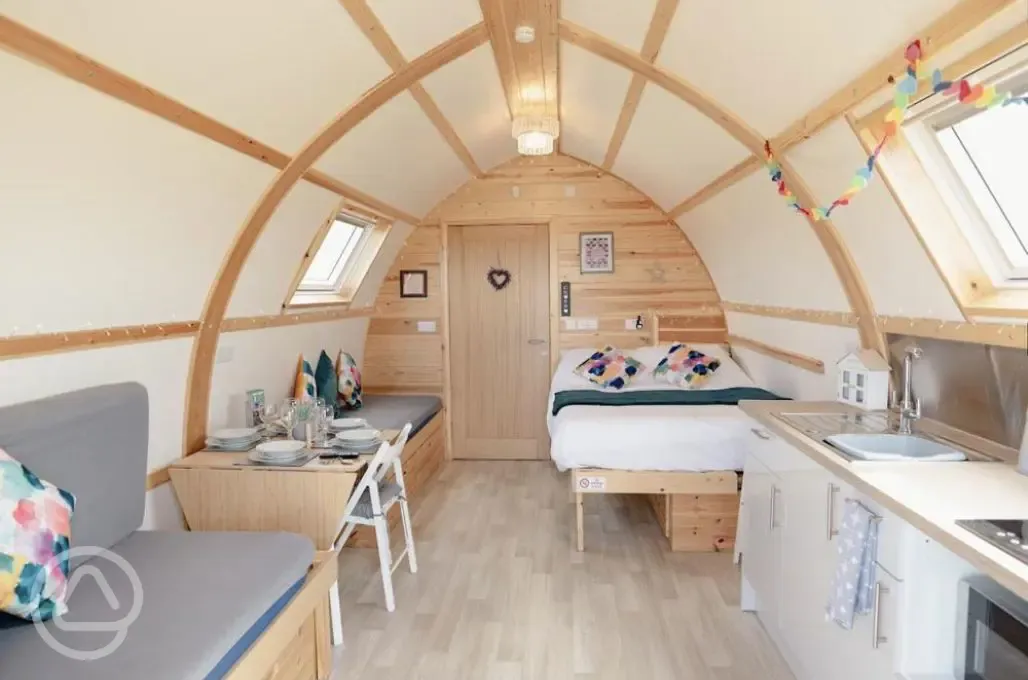 Accessible large glamping pod interior