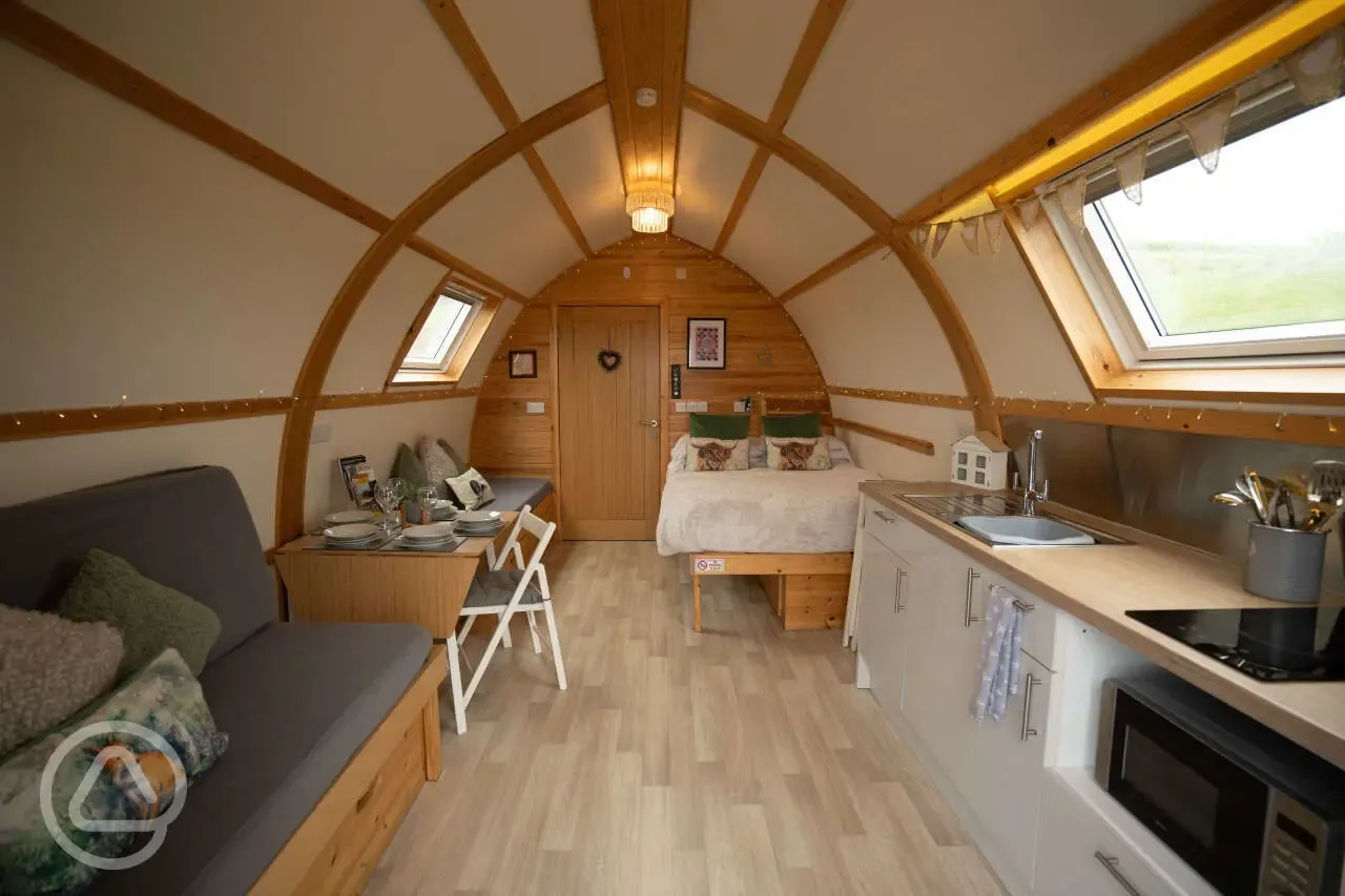 Accessible large glamping pod interior