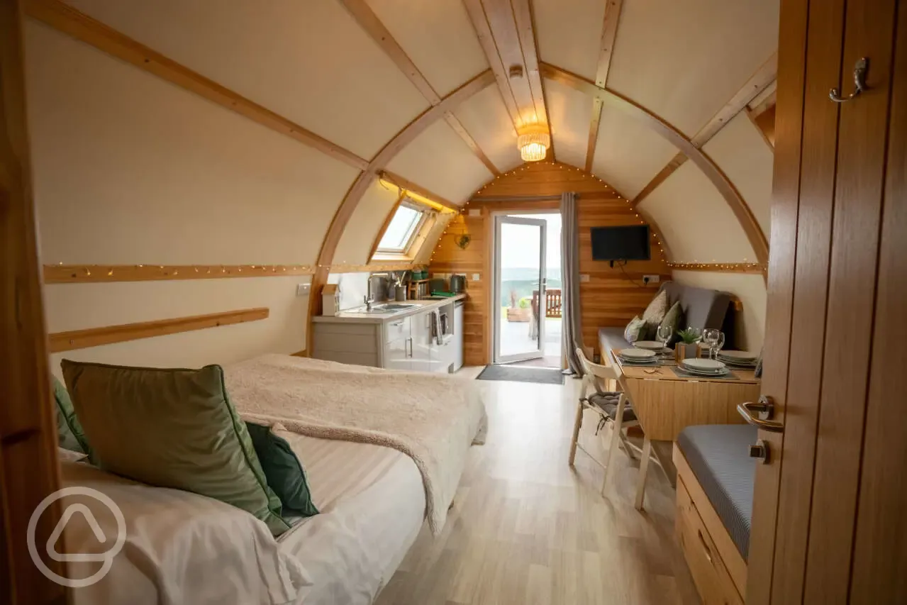 Accessible large glamping pod interior