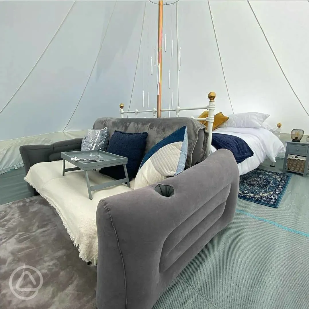 Bell tent sofa at Oakwood Marina