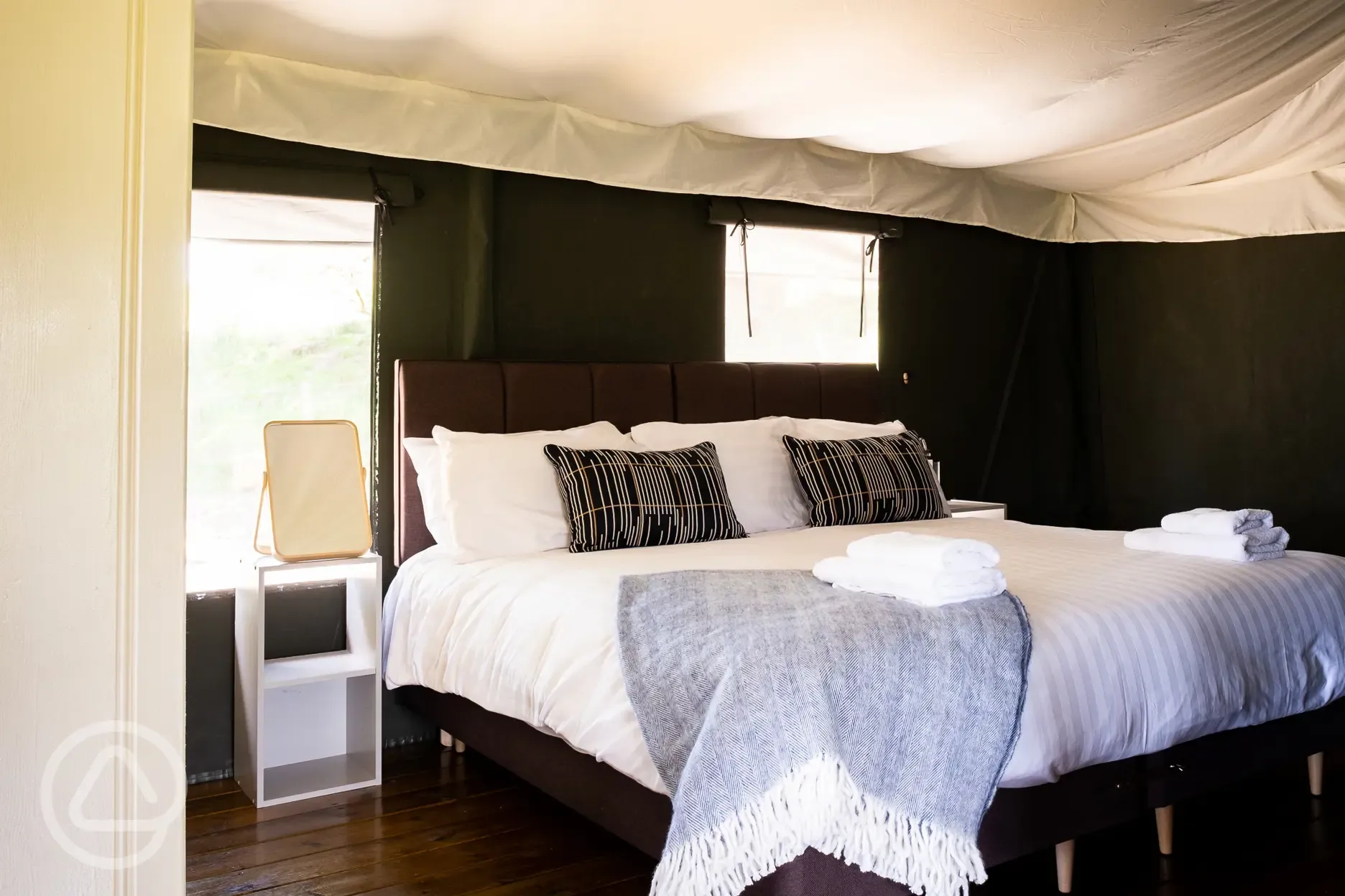 Super king bed in Enfys safari tent