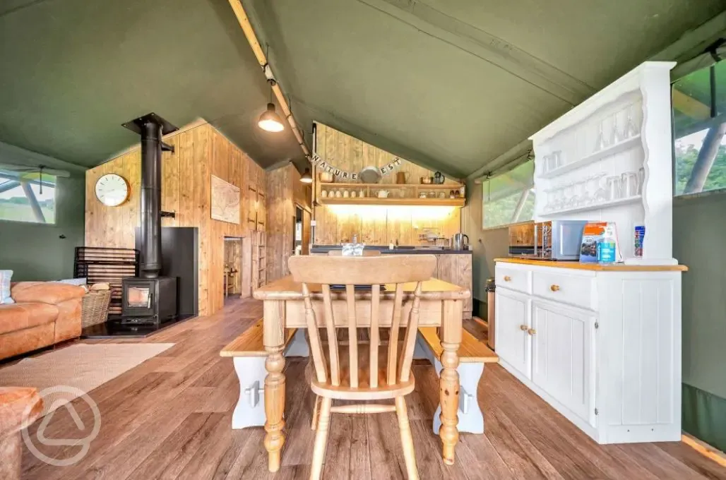 Safari tent kitchen and living area