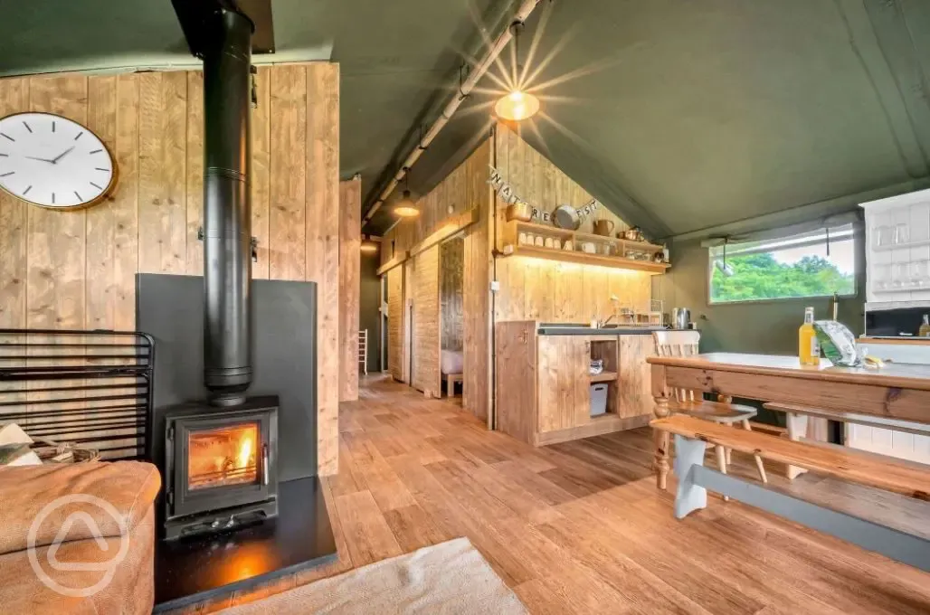 Safari tent kitchen and living area