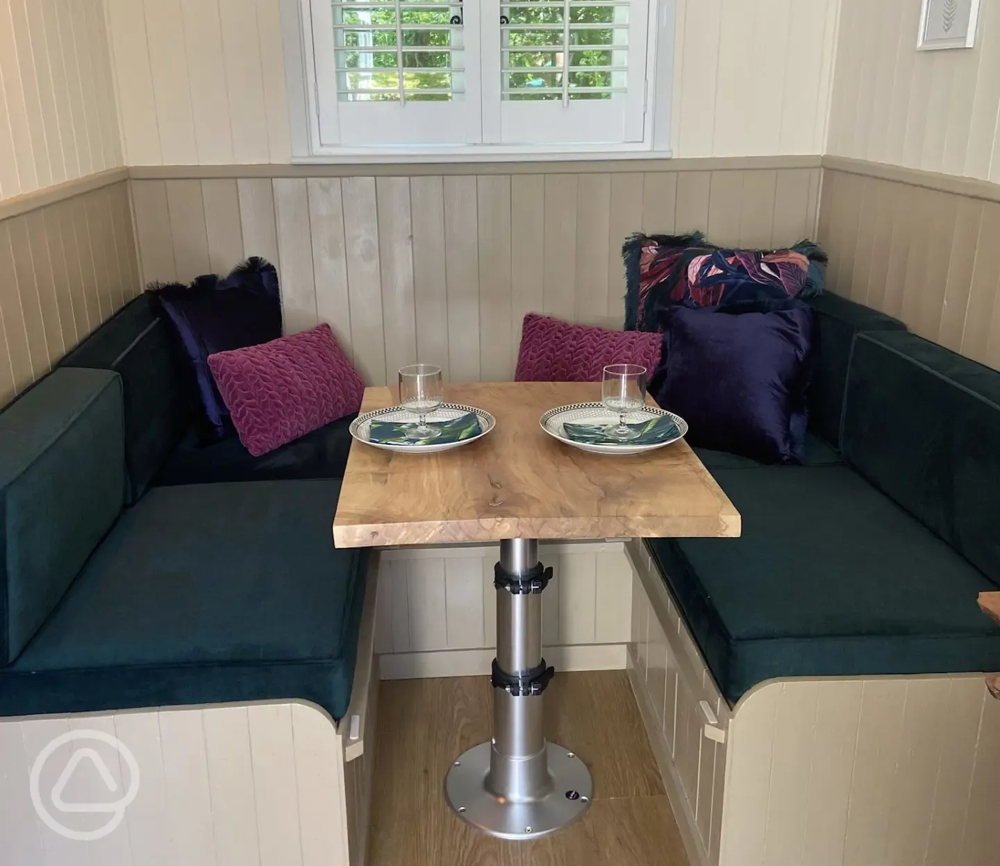 Shepherd's hut interior which converts into a double bed