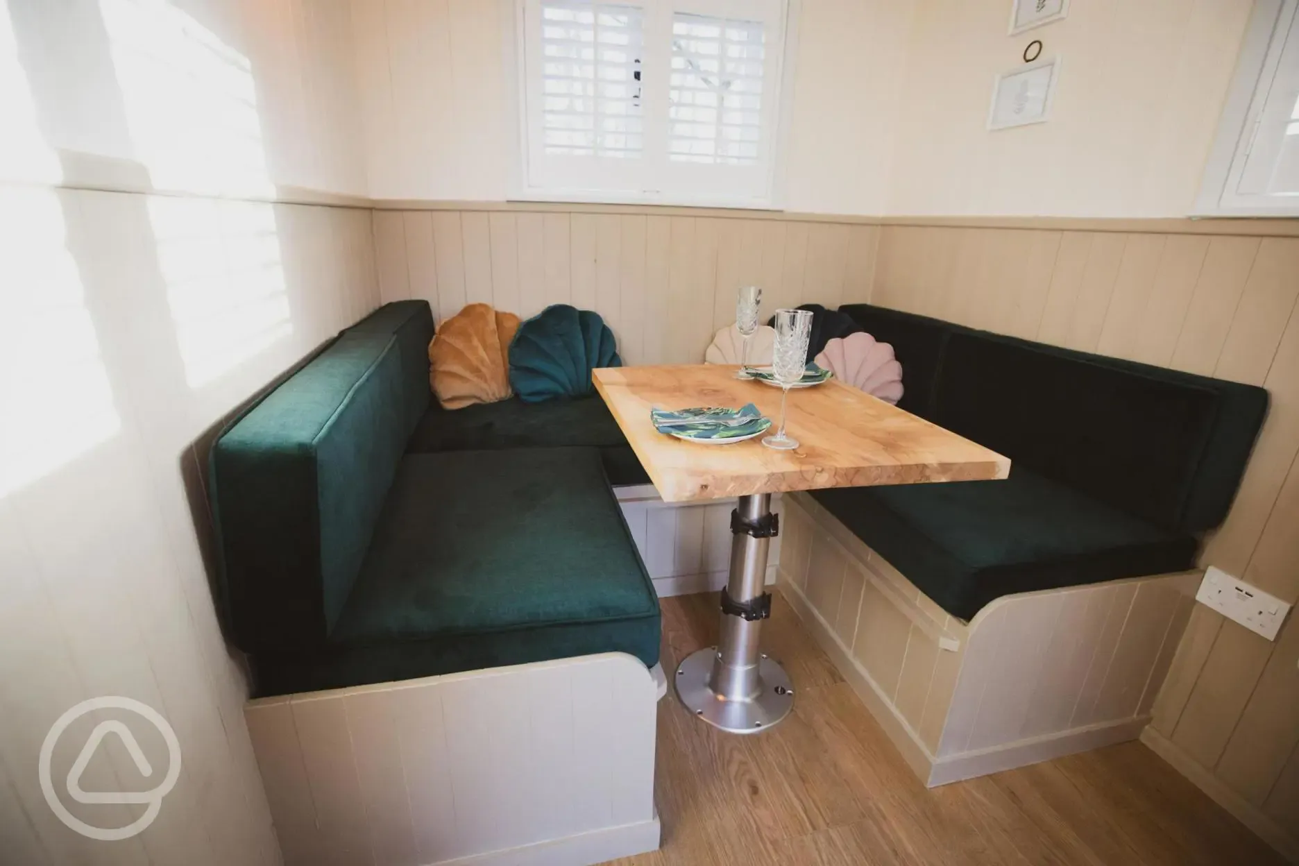 Shepherd's hut interior which converts into a double bed