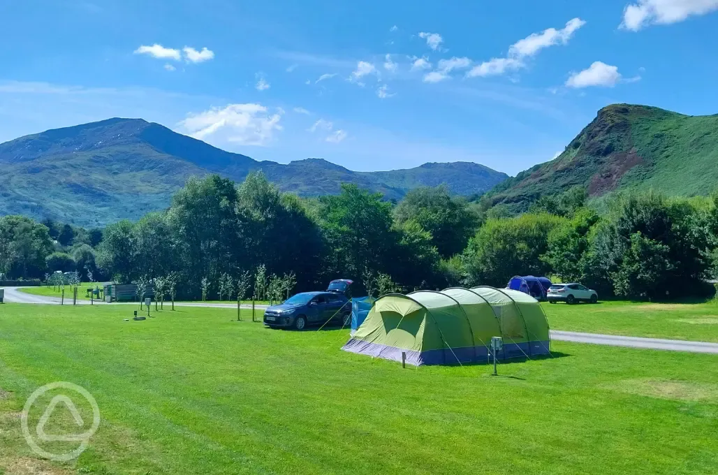 Large tent on the electric grass tent and campervan pitches at Cae Du Campsite