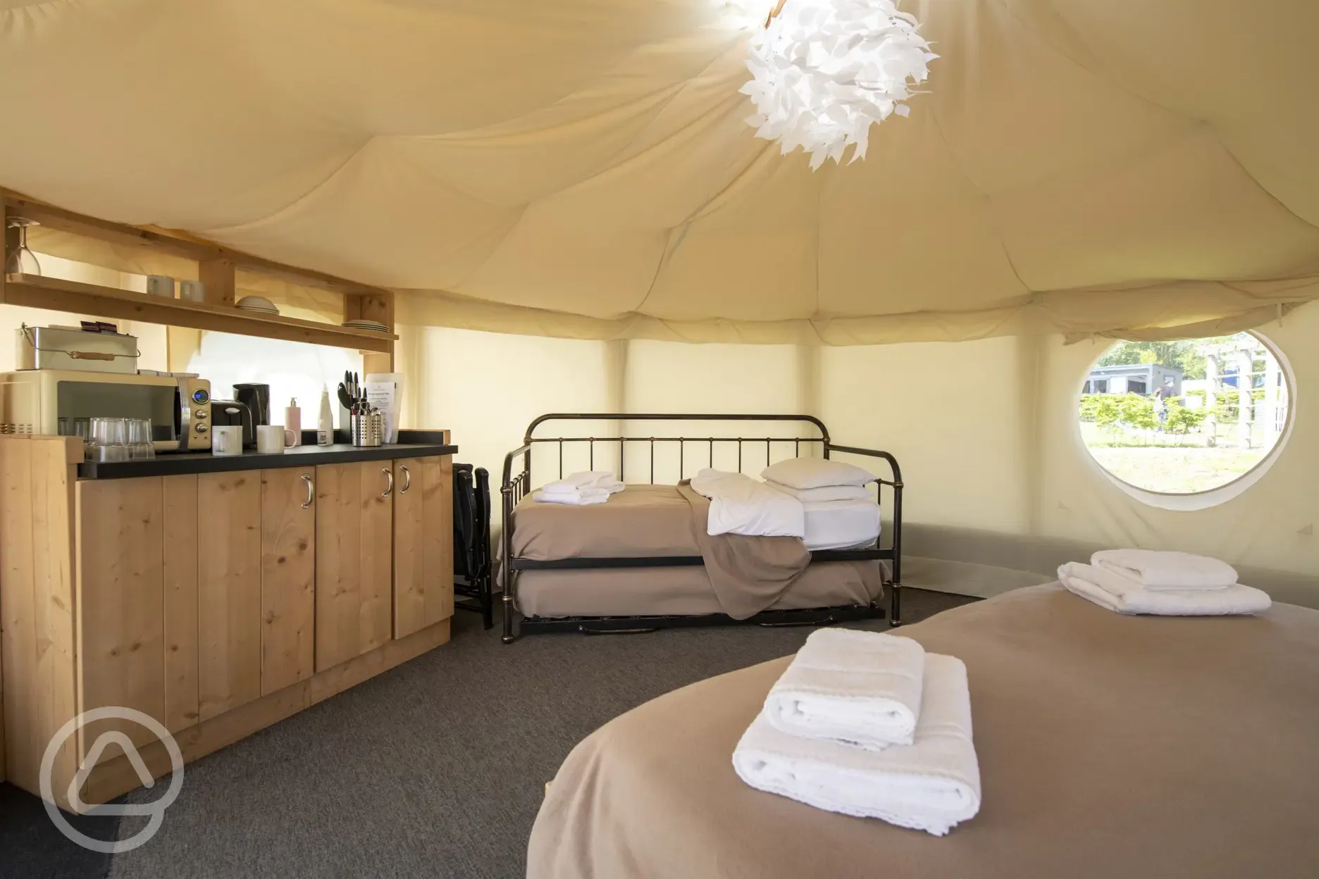 Yurts beds and meal preparation area