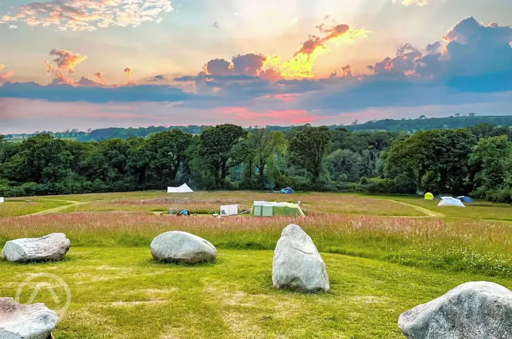 Grass meadow pitches at sunset