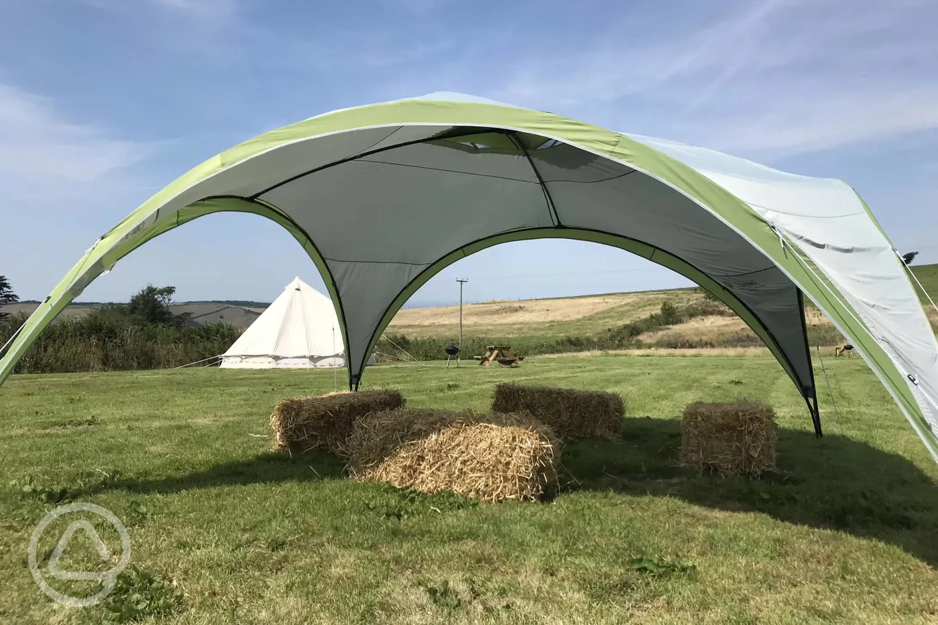Sheltered seating area with hay bales