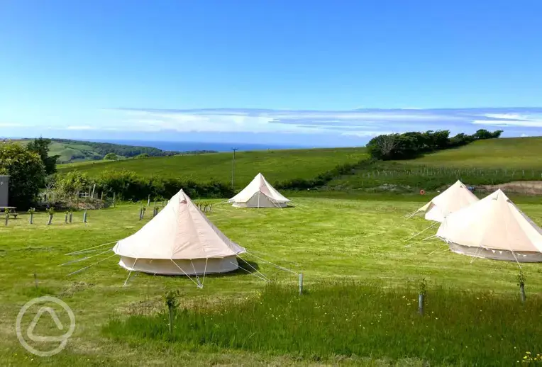 Bell tents at Giddy Farm with Combe Martin Bay sea views
