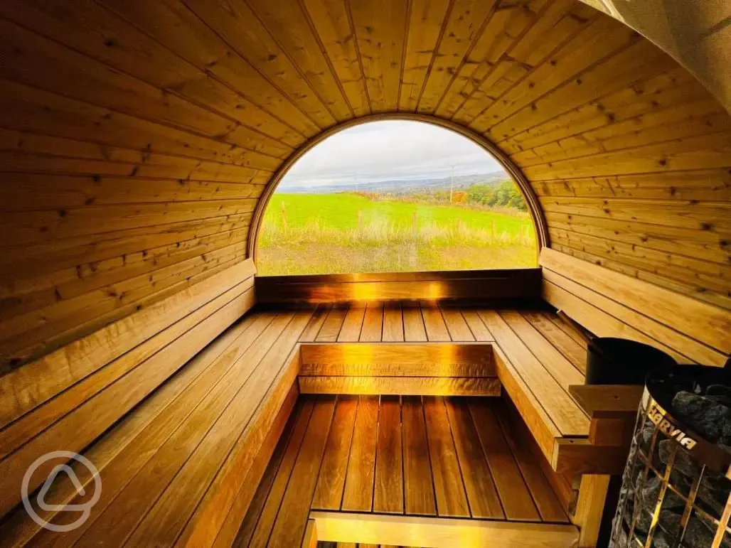 Inside the barrel sauna