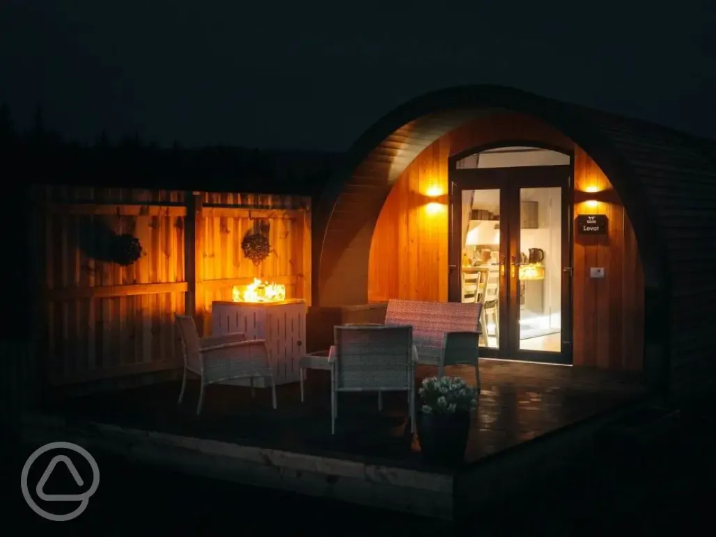 Large glamping pod at night