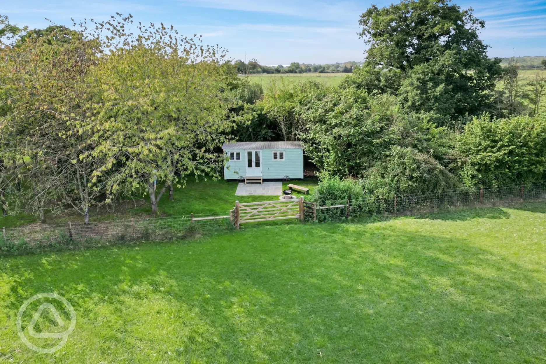 Aerial of the shepherd's hut and countryside setting