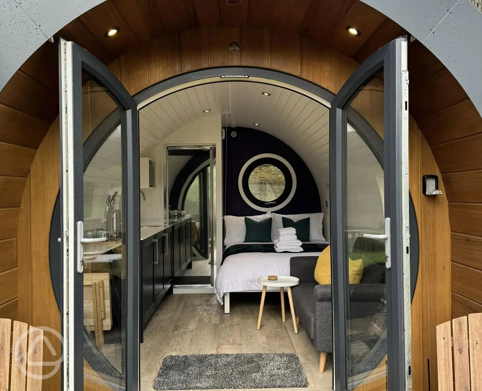 Glamping pod French doors looking out onto the valley 