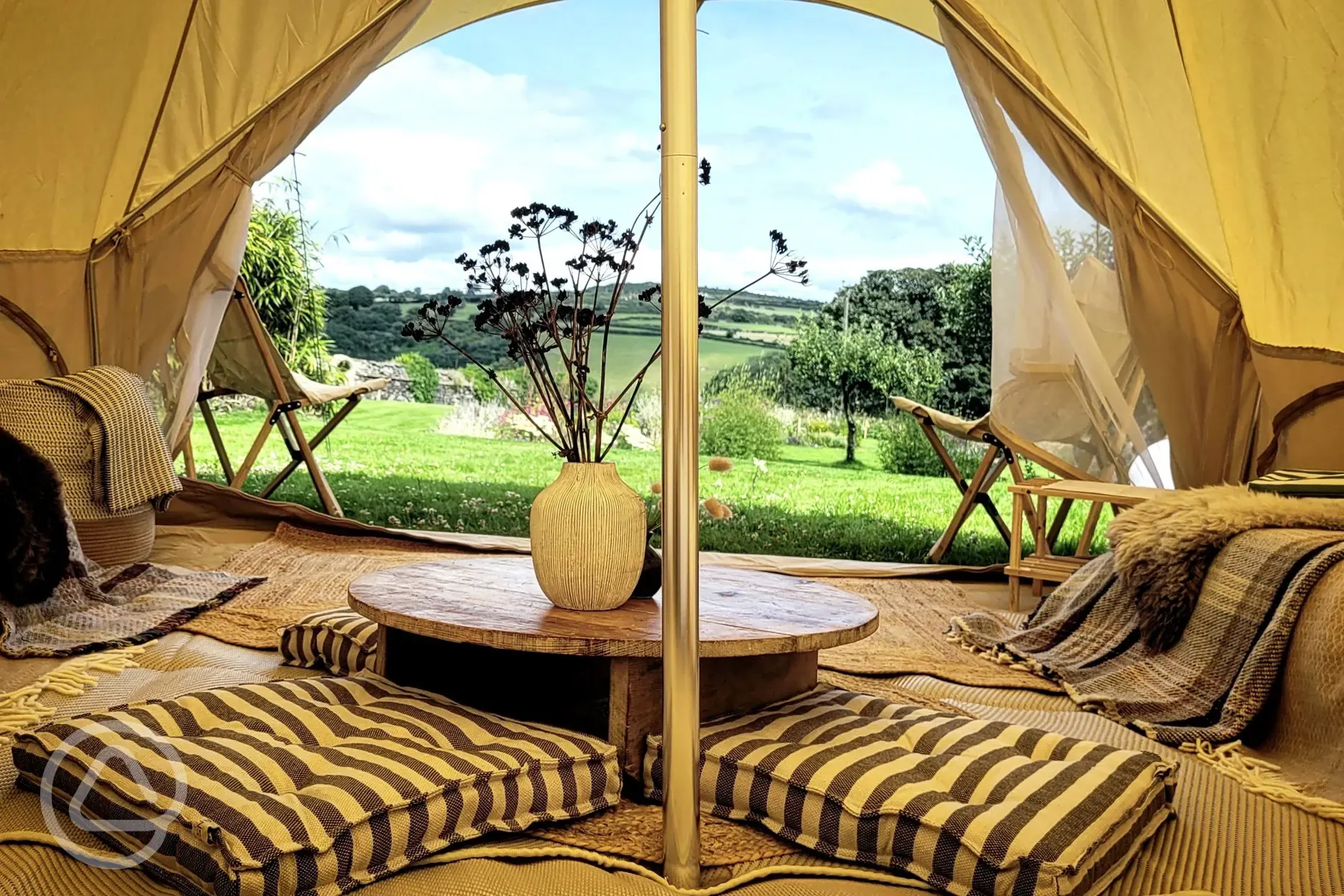 Luxury furnished lakeside bell tent interior