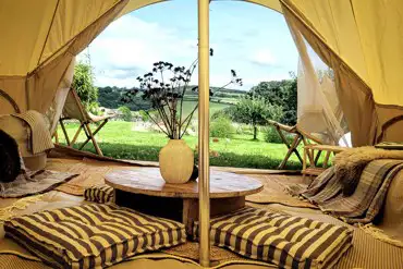 Luxury furnished lakeside bell tent interior