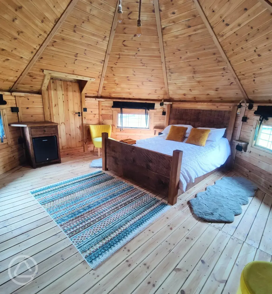 Black glamping cabin interior