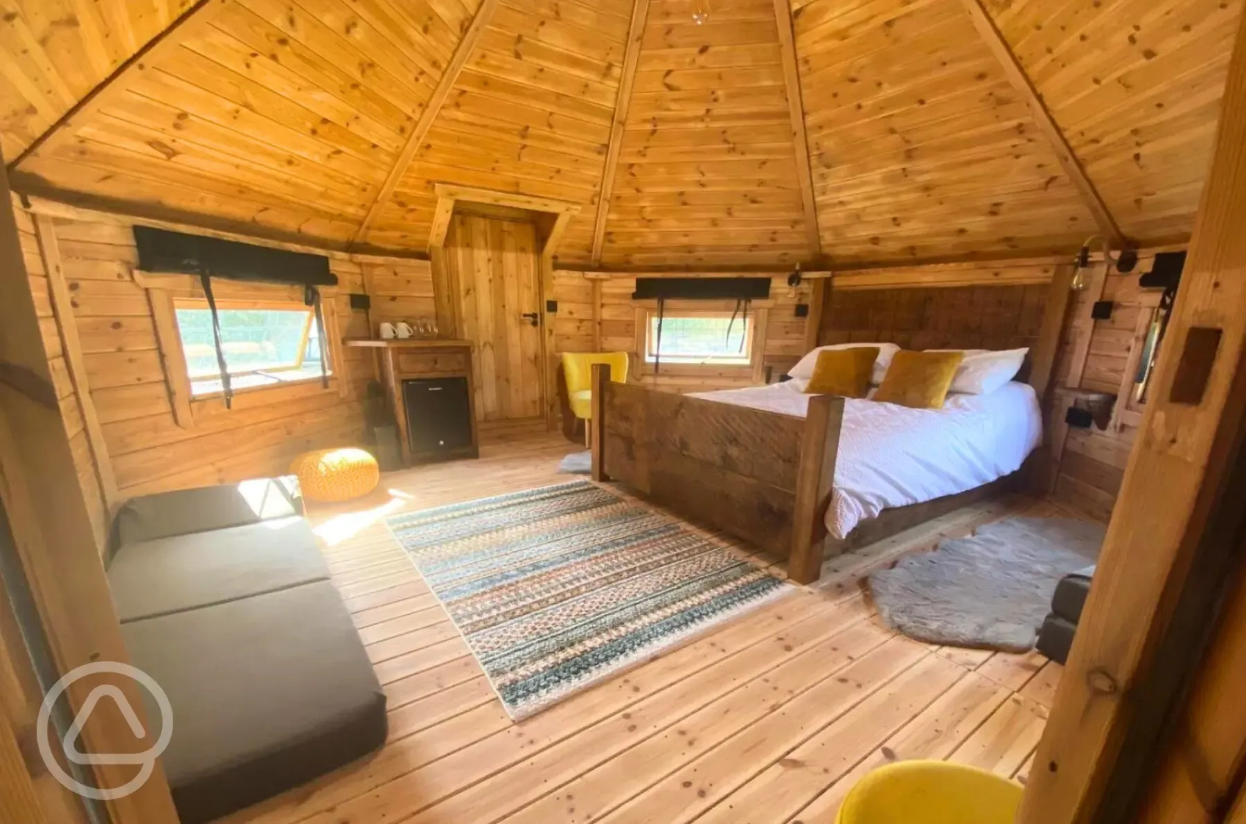 Black glamping cabin interior