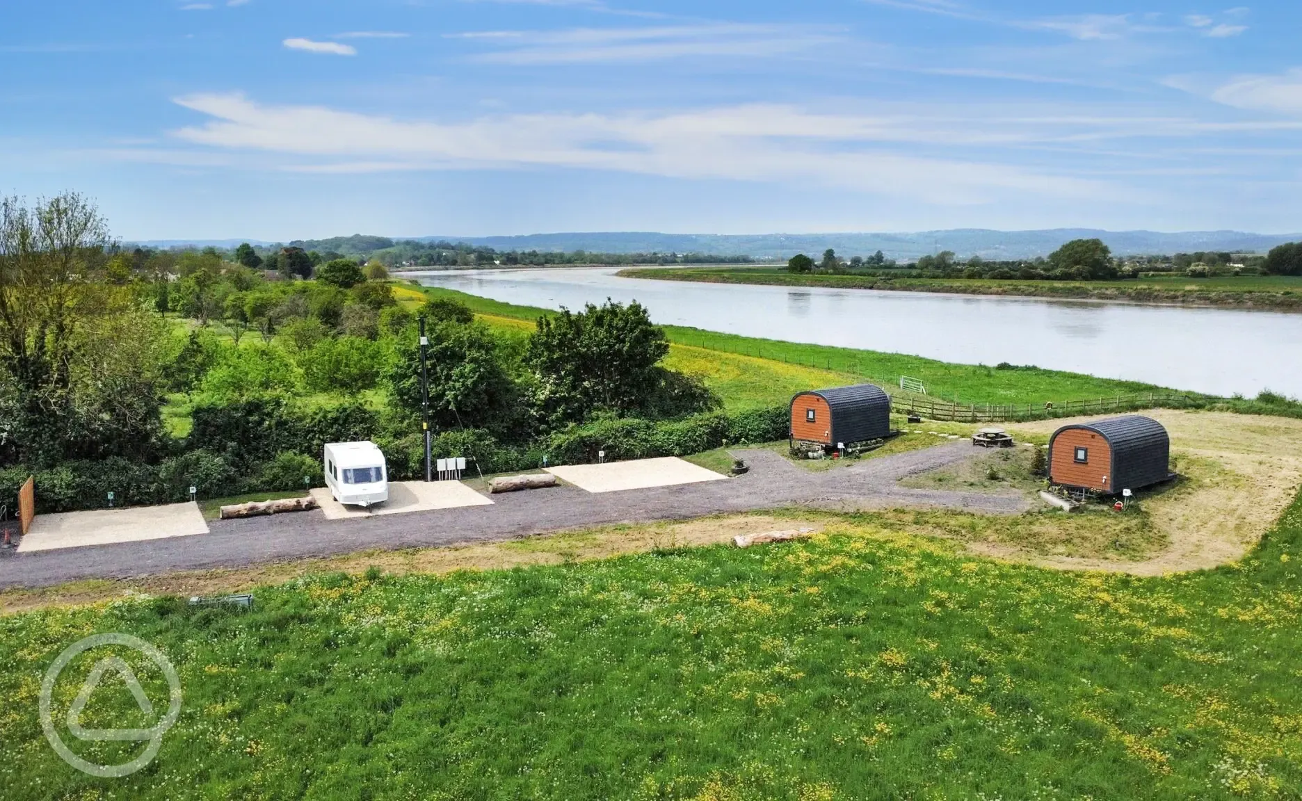 Aerial of the site on the banks of the River Severn