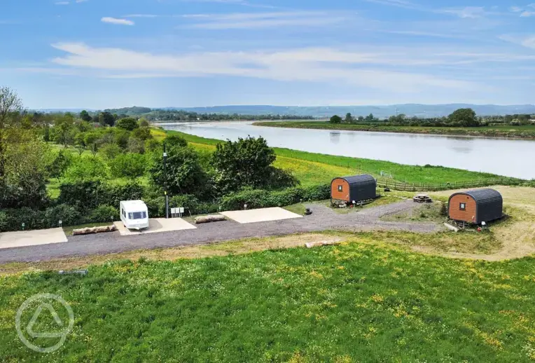 Aerial of the site on the banks of the River Severn