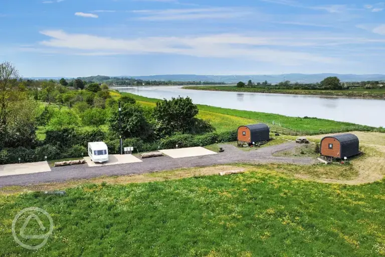 Aerial of the site on the banks of the River Severn