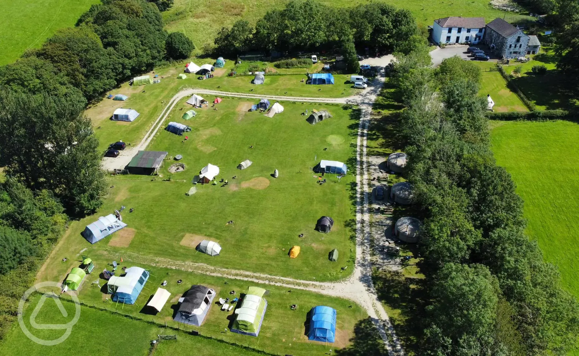 Aerial of tents on the non electric and electric pitches at Kestrel Lodge