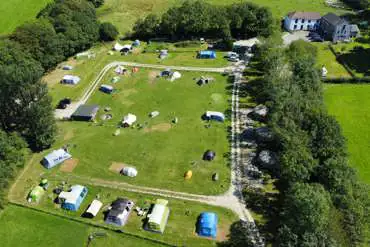 Aerial of tents on the non electric and electric pitches at Kestrel Lodge