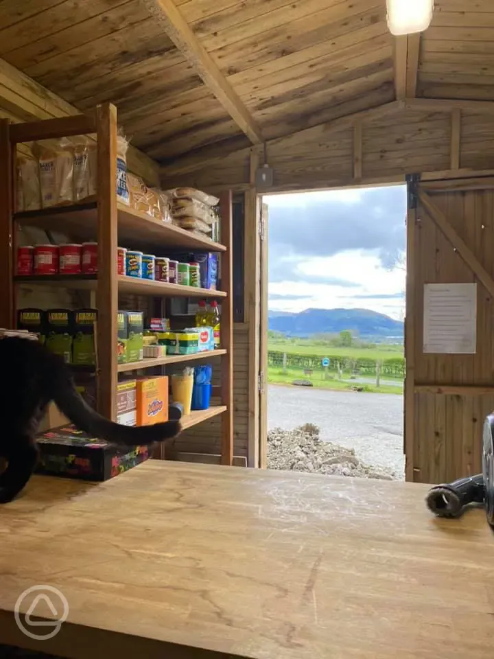Honesty shop selling camping essentials in the reception at Kestrel Lodge 