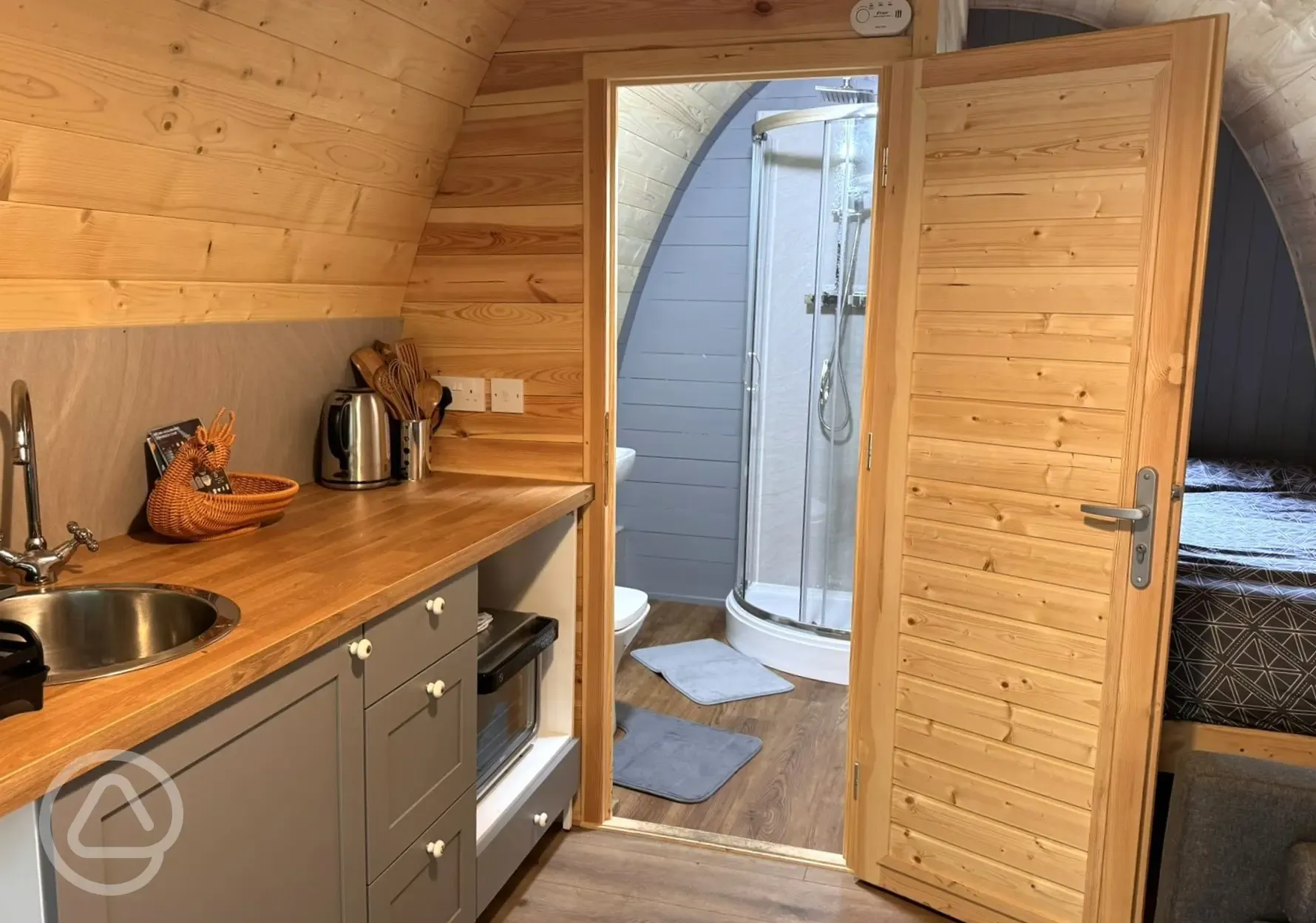 Glamping pod kitchen and ensuite