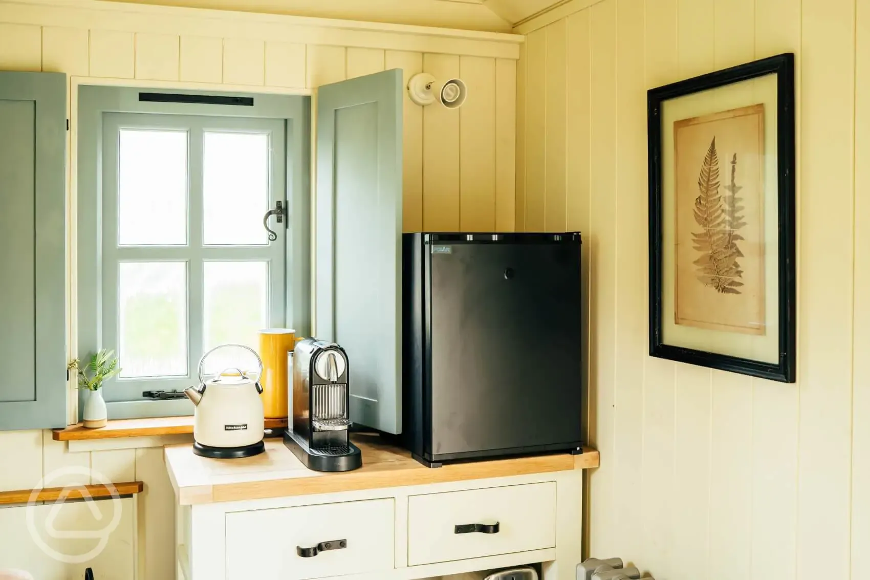 Shepherd's hut coffee making area