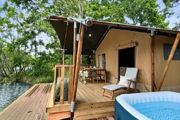 Teal safari tent private decking and hot tub