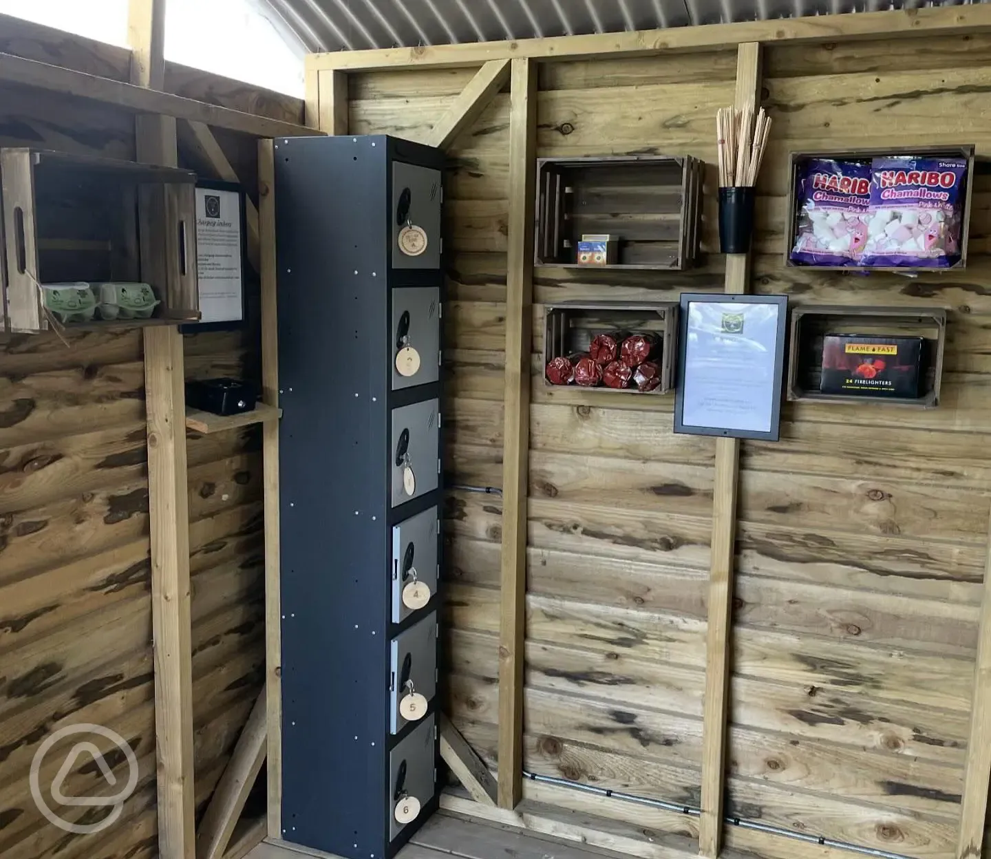 Charging area and honesty shop with smore's ingredients 